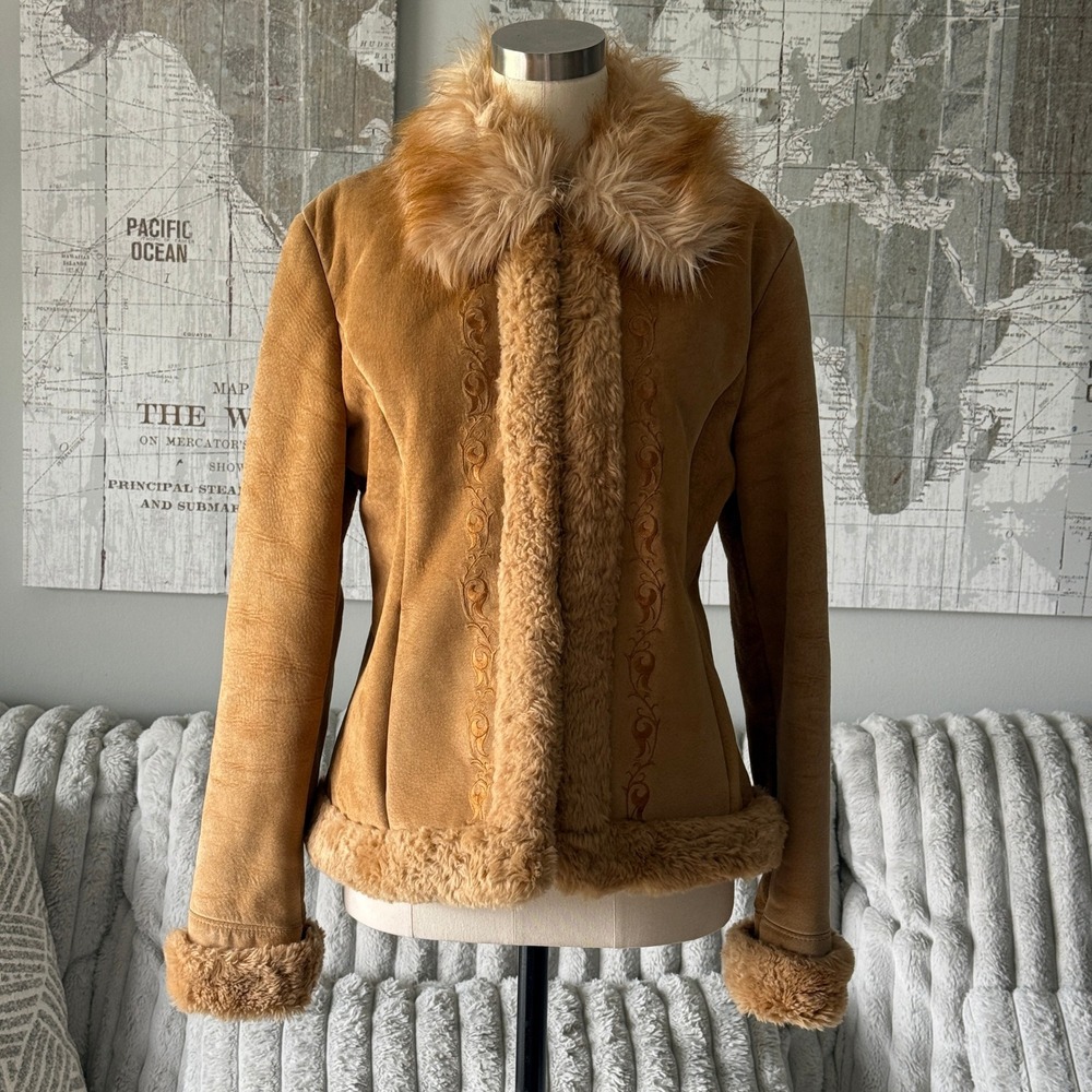 VTG Guess Leather Faux Fur Trim Embroidered Afghan Jacket Tan Brown Medium